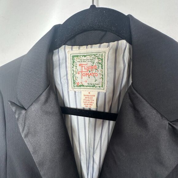Flying Tomato Black Long One-Button Tuxedo Blazer Satin Trim Lapel & Pockets M - Picture 7 of 12